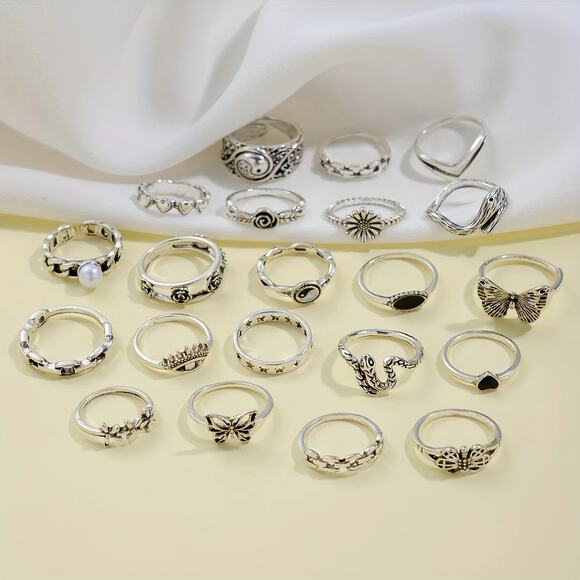 NEW 21pc Boho Ring Set – Retro Silver Stackable Rings, Flower Jewelry, Butterfly - Picture 3 of 4